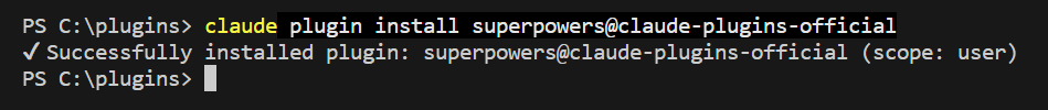 Terminal showing Successfully installed plugin: superpowers