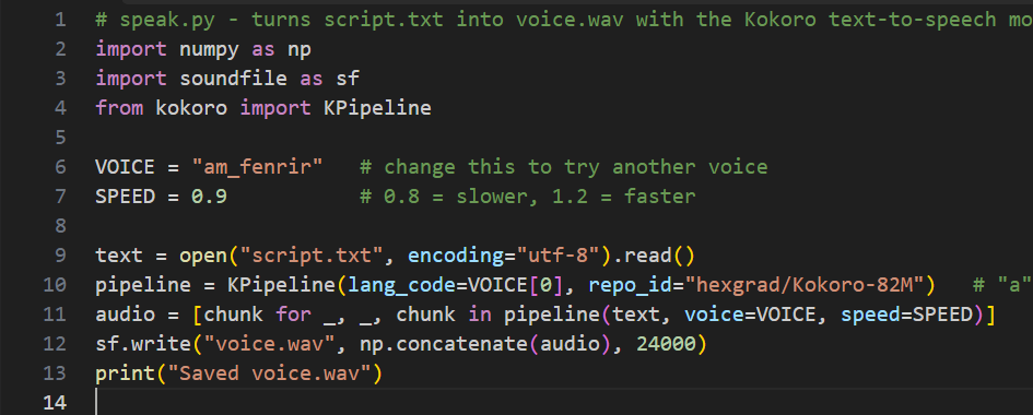 speak.py open in a code editor next to script.txt in the voice folder
