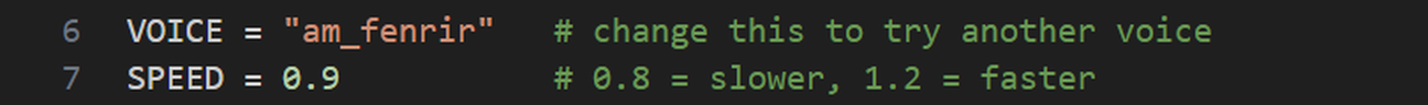 The VOICE and SPEED lines of speak.py